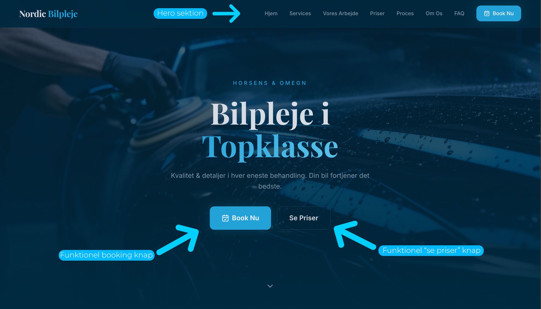Nordic Bilpleje hjemmeside med bookingflow